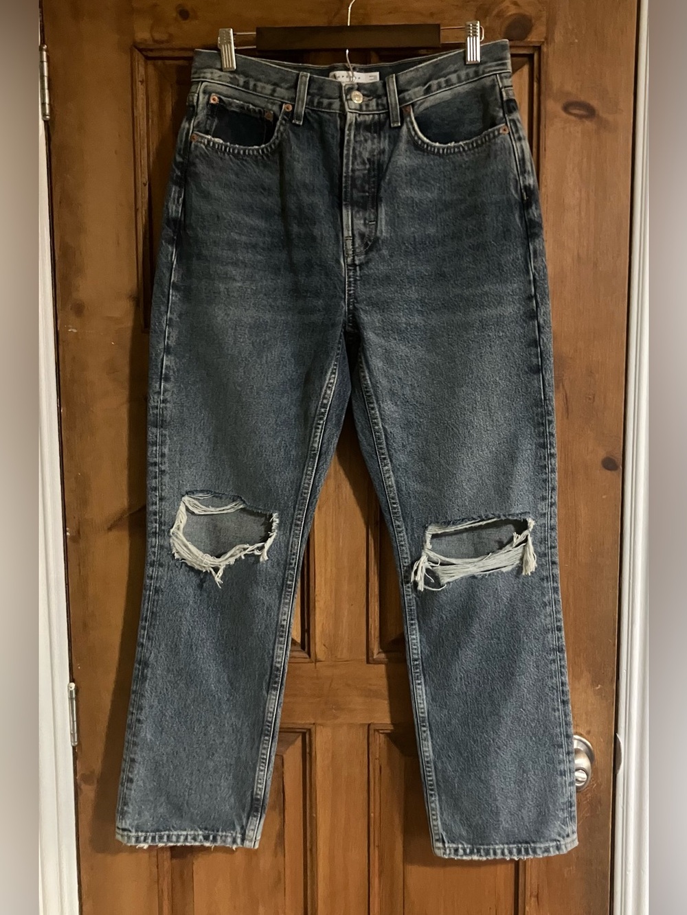 Topshop Woman’s Straight-Leg Distressed Blue Jeans